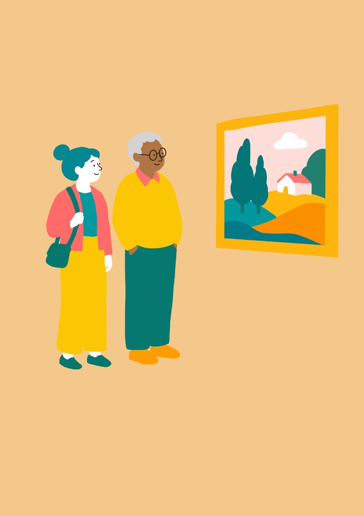Jongere en senior bekijken samen een schilderij in het museum